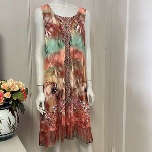 ONEWORLD Sleeveless Dress STARAC BOHO Colorful Jewel Studded Sheer Hem Sz M